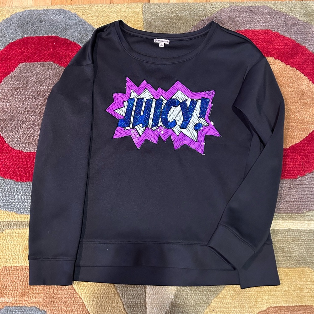 NWOT Juicy Couture Comic Sequin Graphic Black Scuba Crewneck Sweatshirt Large